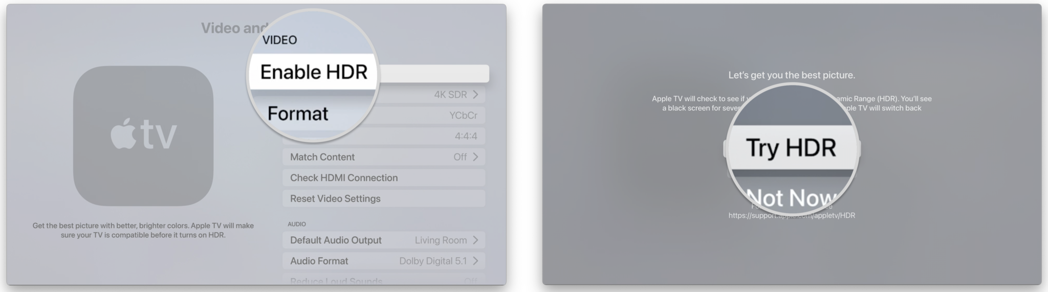 Comment activer HDR sur Apple TV en affichant les étapes : Cliquez sur Activer HDR, Cliquez sur Essayer HDR