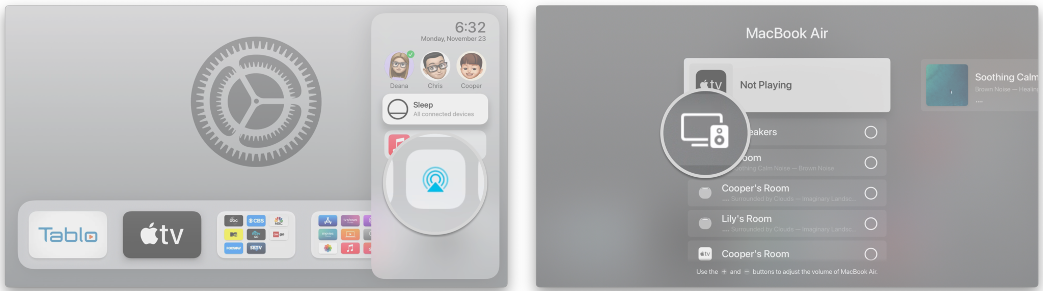 AirPlay aracılığıyla Apple TV ile HomePod veya HomePod mini nasıl durdurulur: Siri uzaktan kumandasındaki Ana Sayfa düğmesini 3 saniye basılı tutun, AirPlay simgesini tıklayın, Bir tıklama ile TV hoparlörünüzü seçin