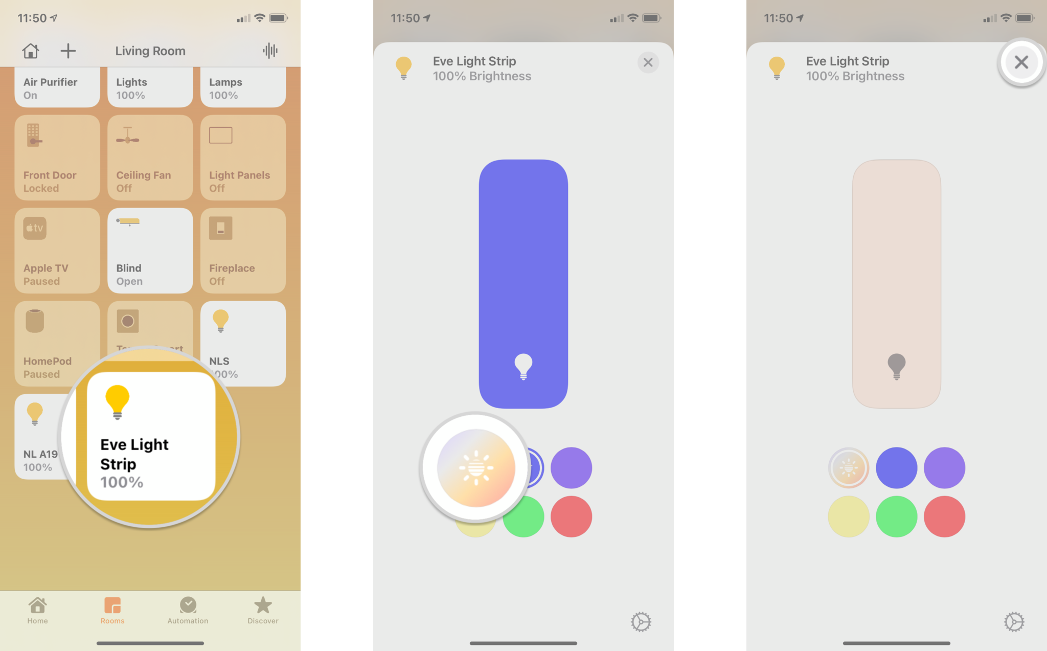 How to use Adaptive Lighting with your HomeKit-enabled lights in the Home app on the iPhone by showing steps: Tap and hold on your Light, Tap the Adaptive Lighting icon, Tap the X button to save