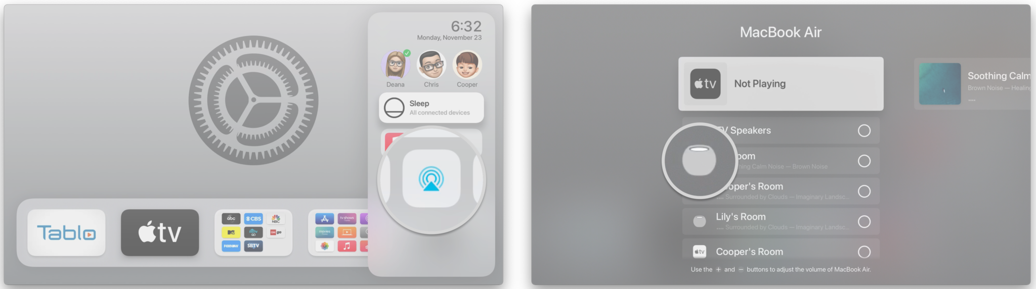 AirPlay aracılığıyla Apple TV ile HomePod veya HomePod mini nasıl kurulur: Siri uzaktan kumandasındaki Ana Sayfa düğmesini 3 saniye basılı tutun, AirPlay simgesini tıklayın, Bir tıklama ile HomePod'unuzu seçin