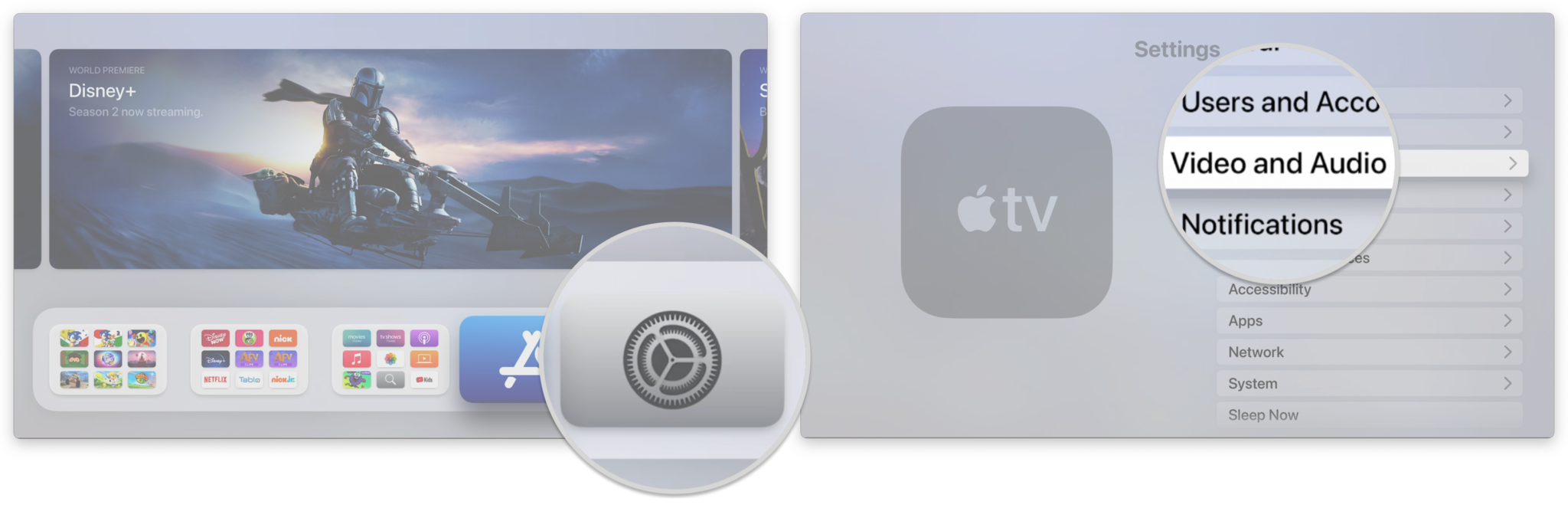 Adımları göstererek HomePod'unuzu Apple TV 4K'da varsayılan hoparlörünüz olarak nasıl ayarlayabilirsiniz: Ayarları Açın, Video ve Ses'i tıklayın