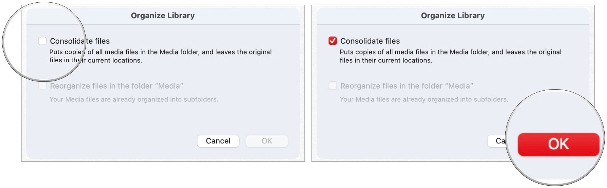 To consolidate your music library, tick the box for Consolidate Files, then click OK.