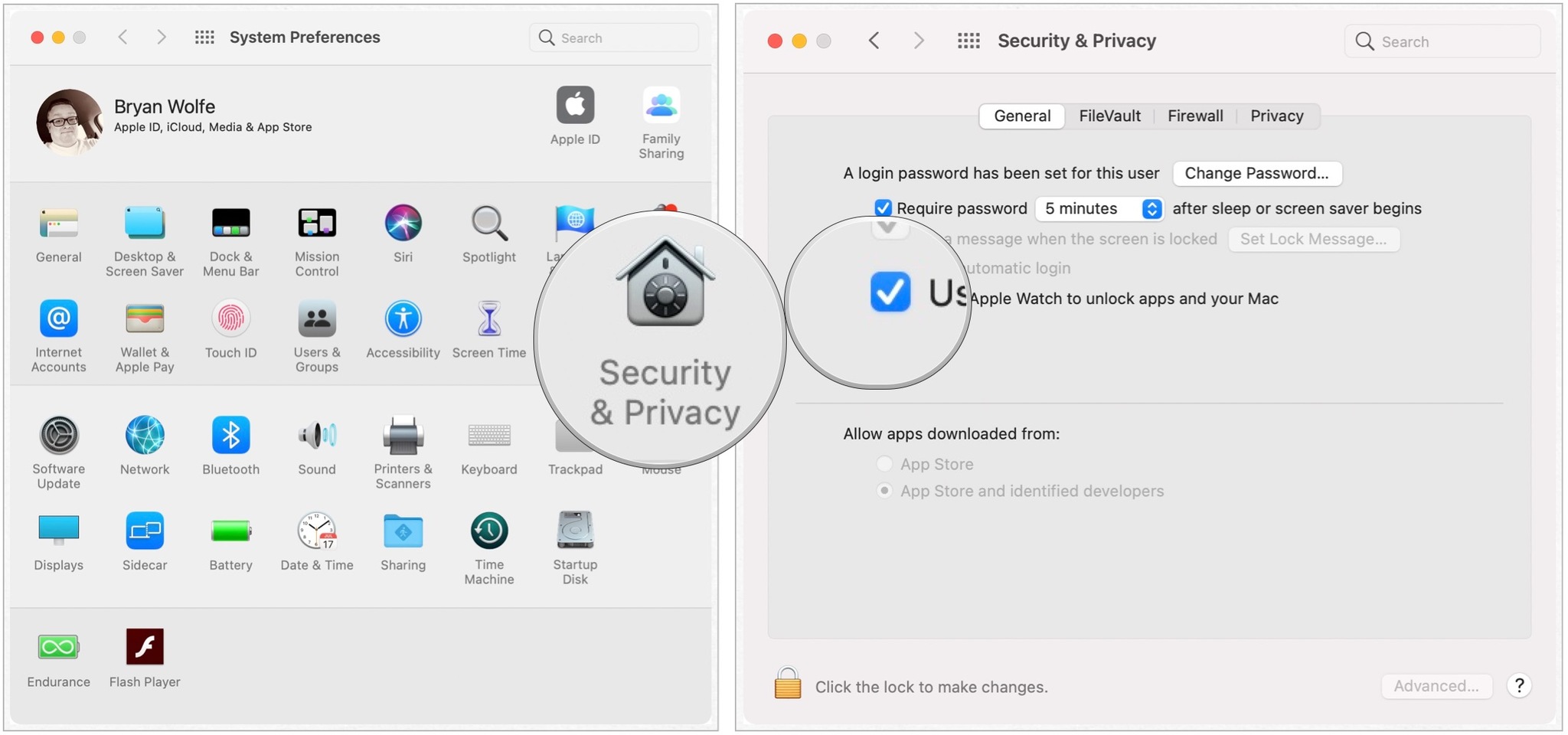 To enable Auto Unlock, click on Security & Privacy, then click on the General tab. Tick the box next to Use your Apple Watch to unlock apps and your Mac.