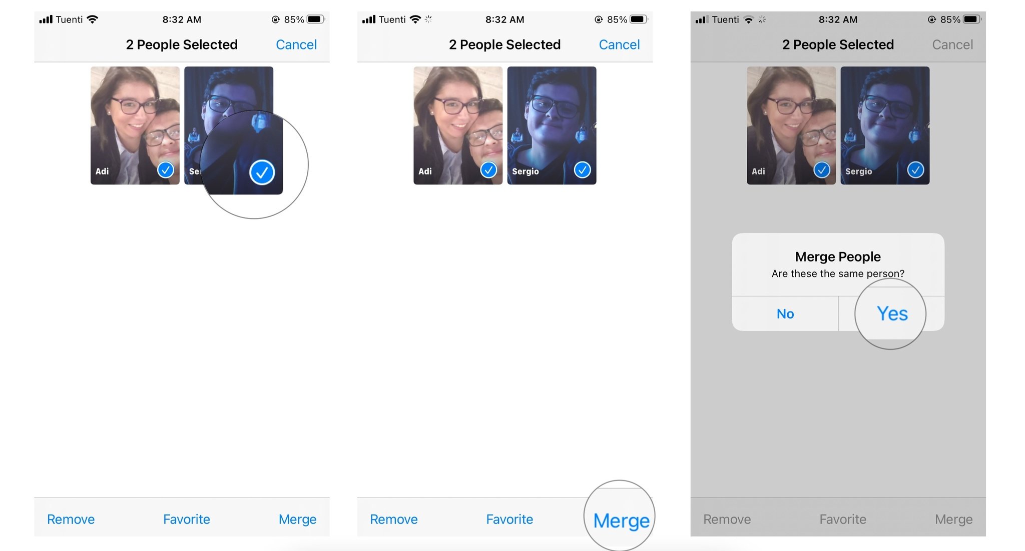 How to Merge people in Photos: Select the people or faces you want to merge, tap on Merge, select Yes