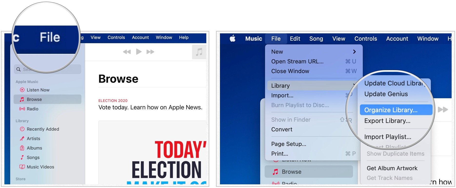 Чтобы объединить свою музыкальную библиотеку, запустите приложение «Музыка», нажмите «Файл», затем выберите «Библиотека».  Выберите «Организовать библиотеку» во втором меню.