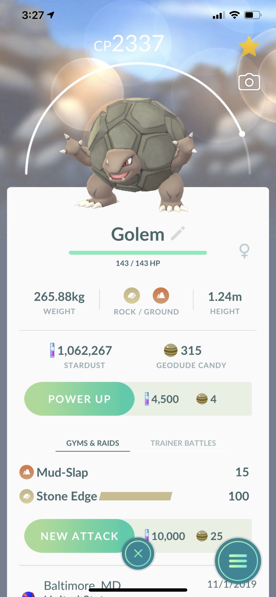 Pokemon Go Golem Power Up