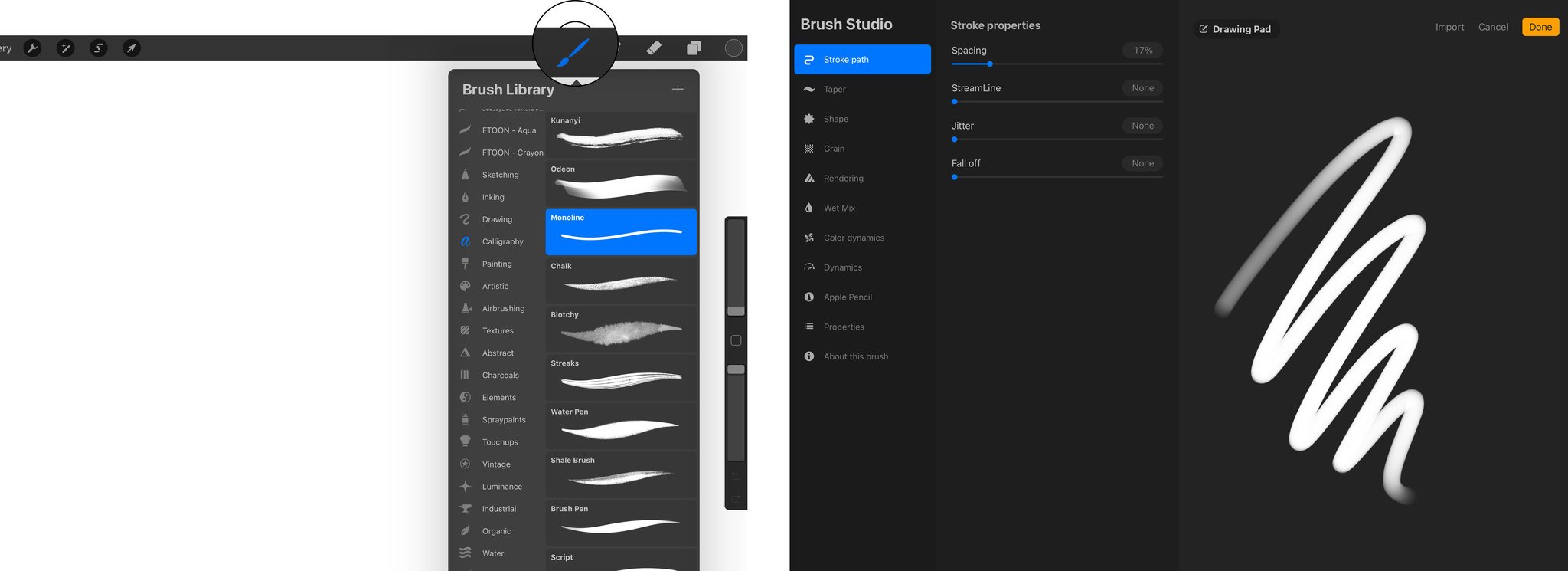 To select or edit a Brush, tap on the Brush icon button to open the Brush Library, select a Brush from one of the Categories, tap on the Brush to open the Brush Studio to view all of the available options to edit the Brush.