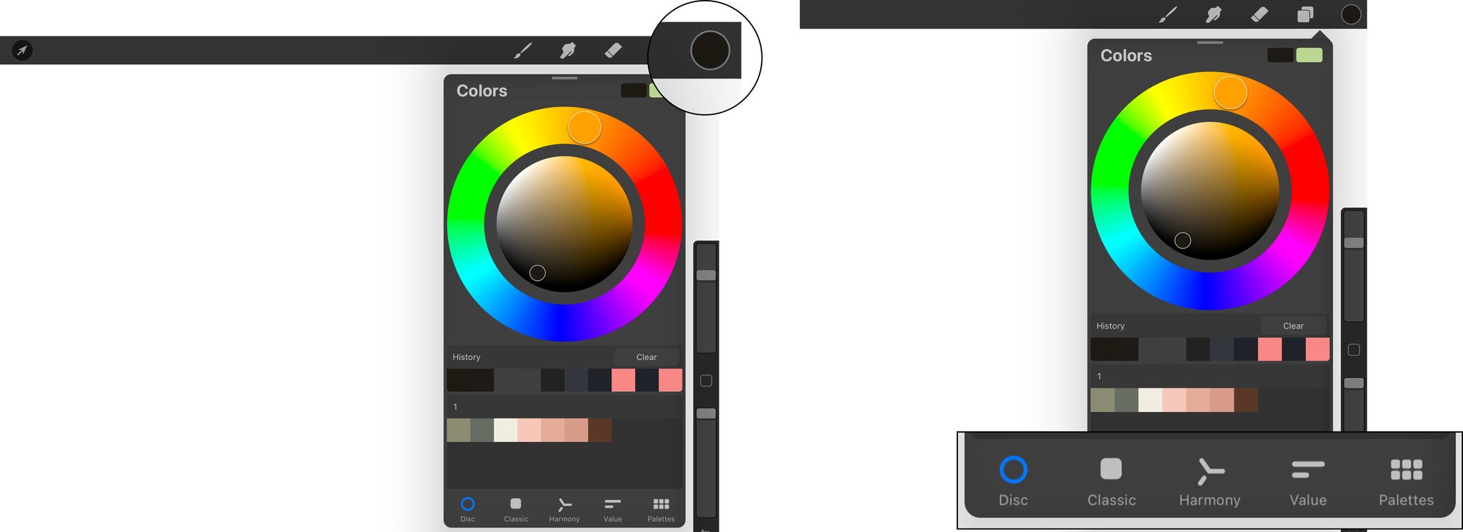To change the Colors of the Brush, tap on the Colors Circle icon and select between Disc, Classic, Harmony, or Value color options.