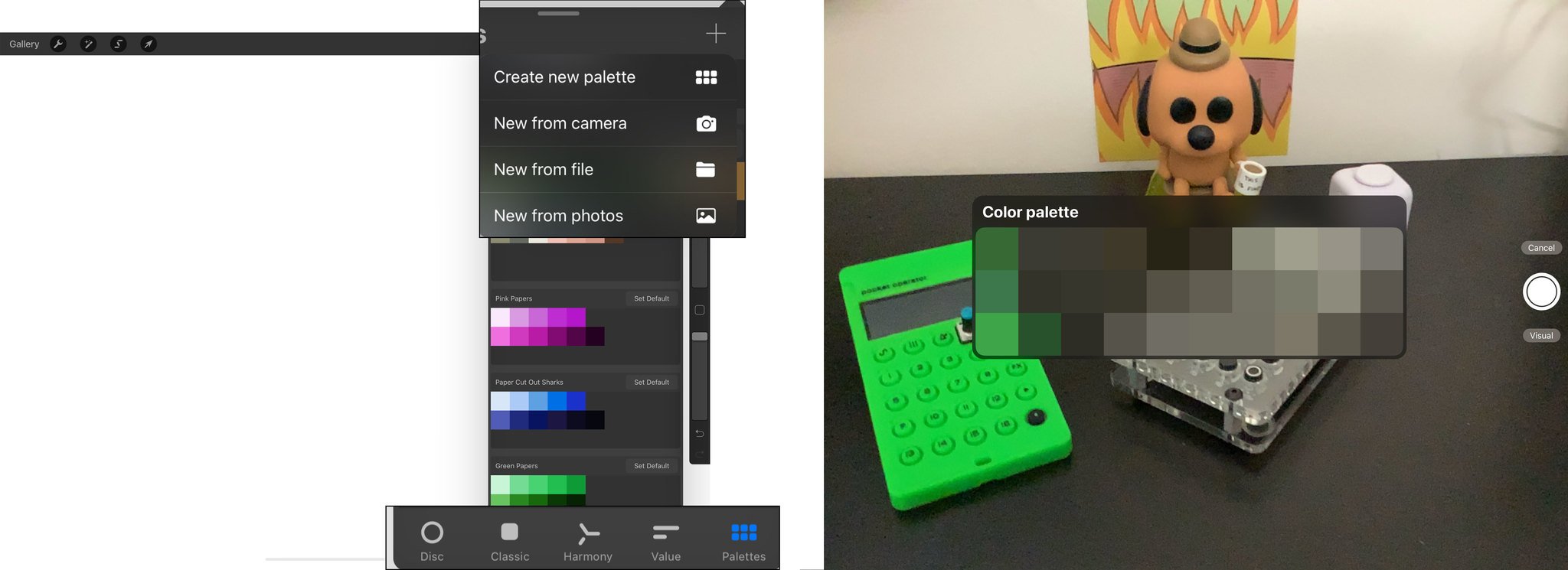 To create a new Color Palette, tap on the Palettes button at the bottom of the Colors Menu, then tap on the + sign. You can choose to create a new palette from scratch, use a file or photo, or capture a palette using the device's camera.