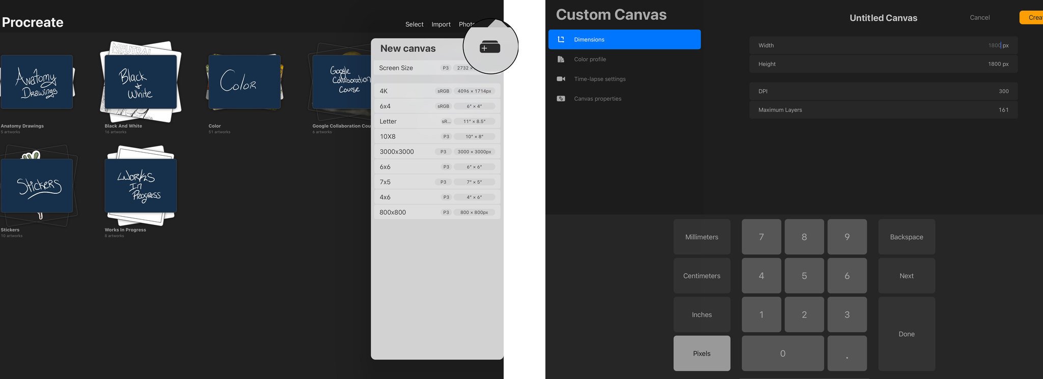 To begin a New Custom Canvas, tap on the + Sign to open the New Canvas Pane, and then tap on the New Canvas Icon to open the Custom Canvas window.