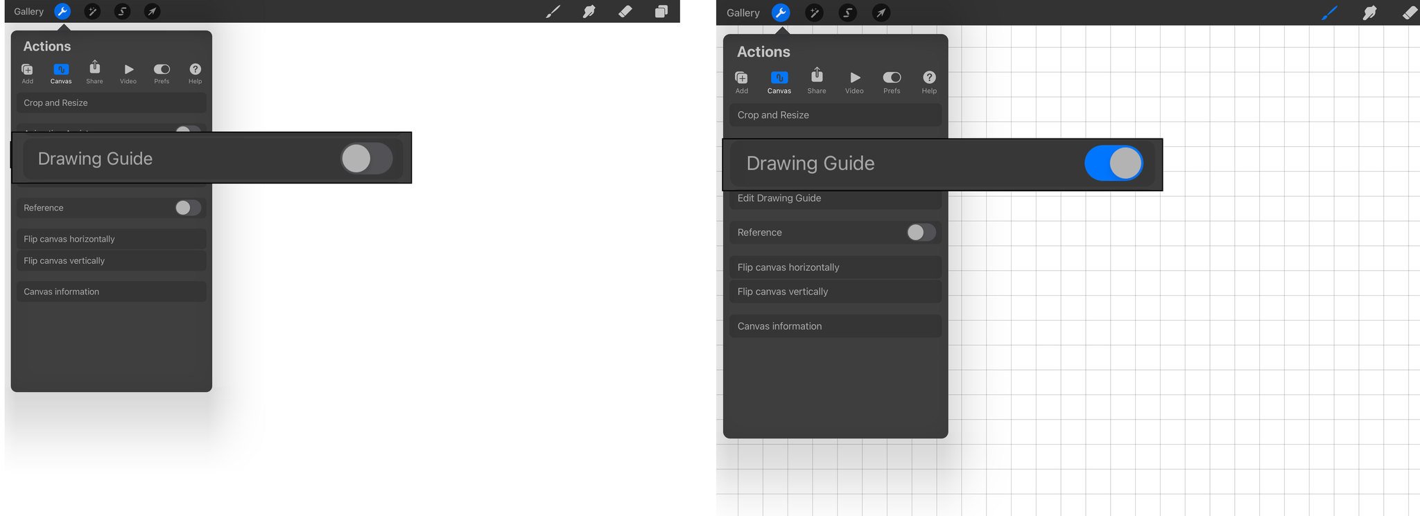 To add a Drawing Guide, tap on the Canvas button under the Actions menu, and then tap on the Drawing Guide toggle button.