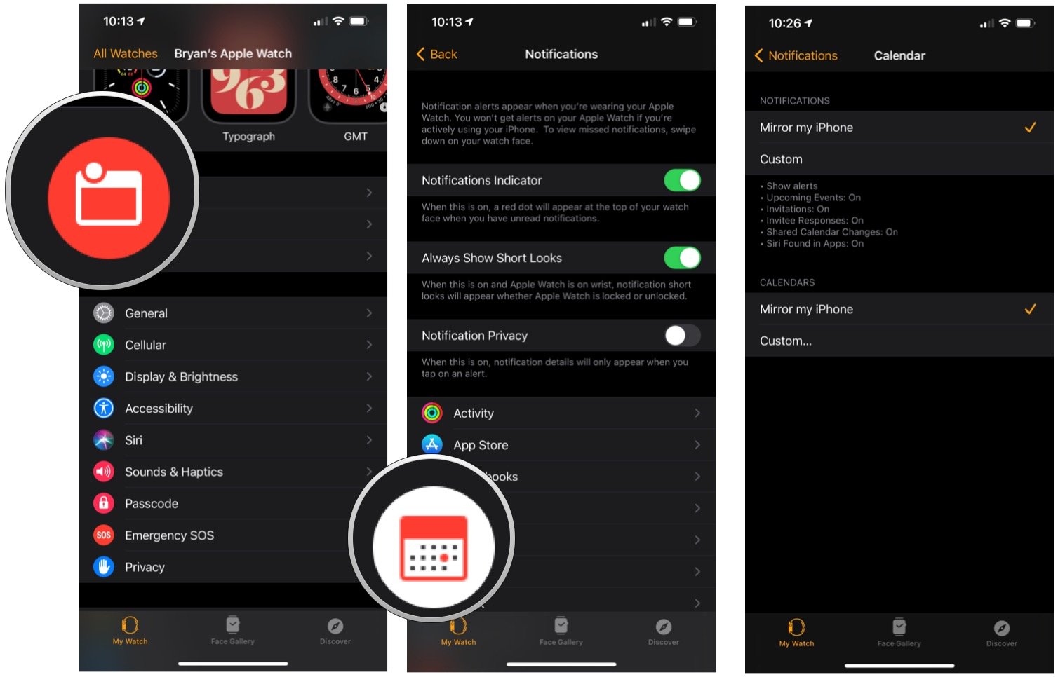 To customize Calendar notifications, launch the Apple Watch app, choose Notifications, then Calendar. Tap Custom. 