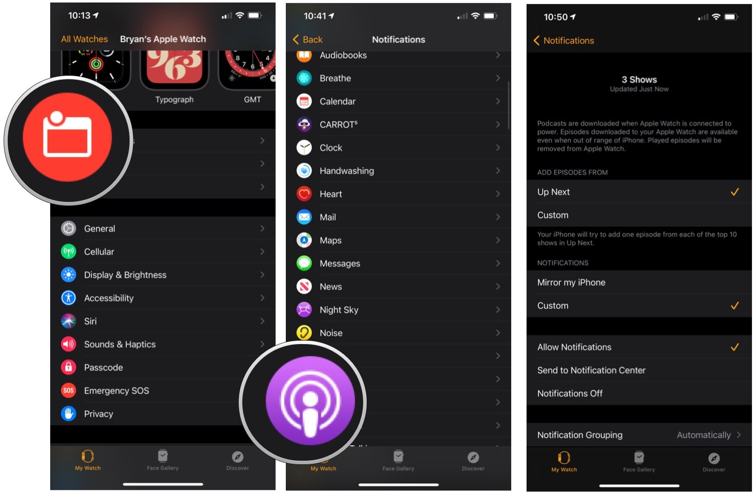 To customize Podcast  notifications, launch the Apple Watch app, tap Notifications, select Podcasts, then Custom.