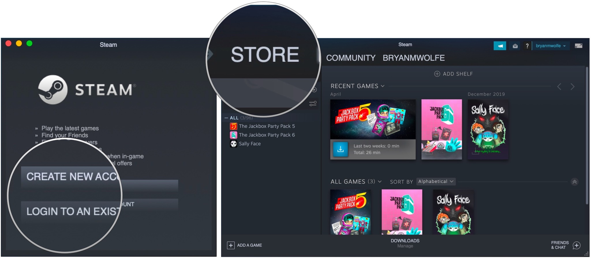 To download a Steam game onto your Mac, create an account or log into an existing account. Click Store.