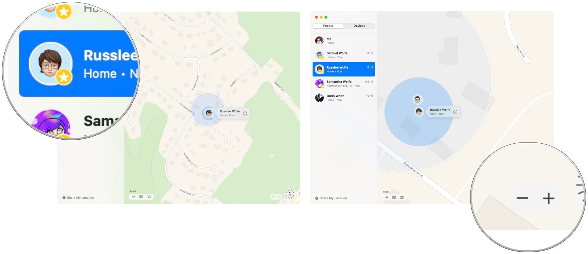 To track your friends with Find My on Mac, open the Find My app, click the People tab, select the person to track. Click the +/- to change the size. 