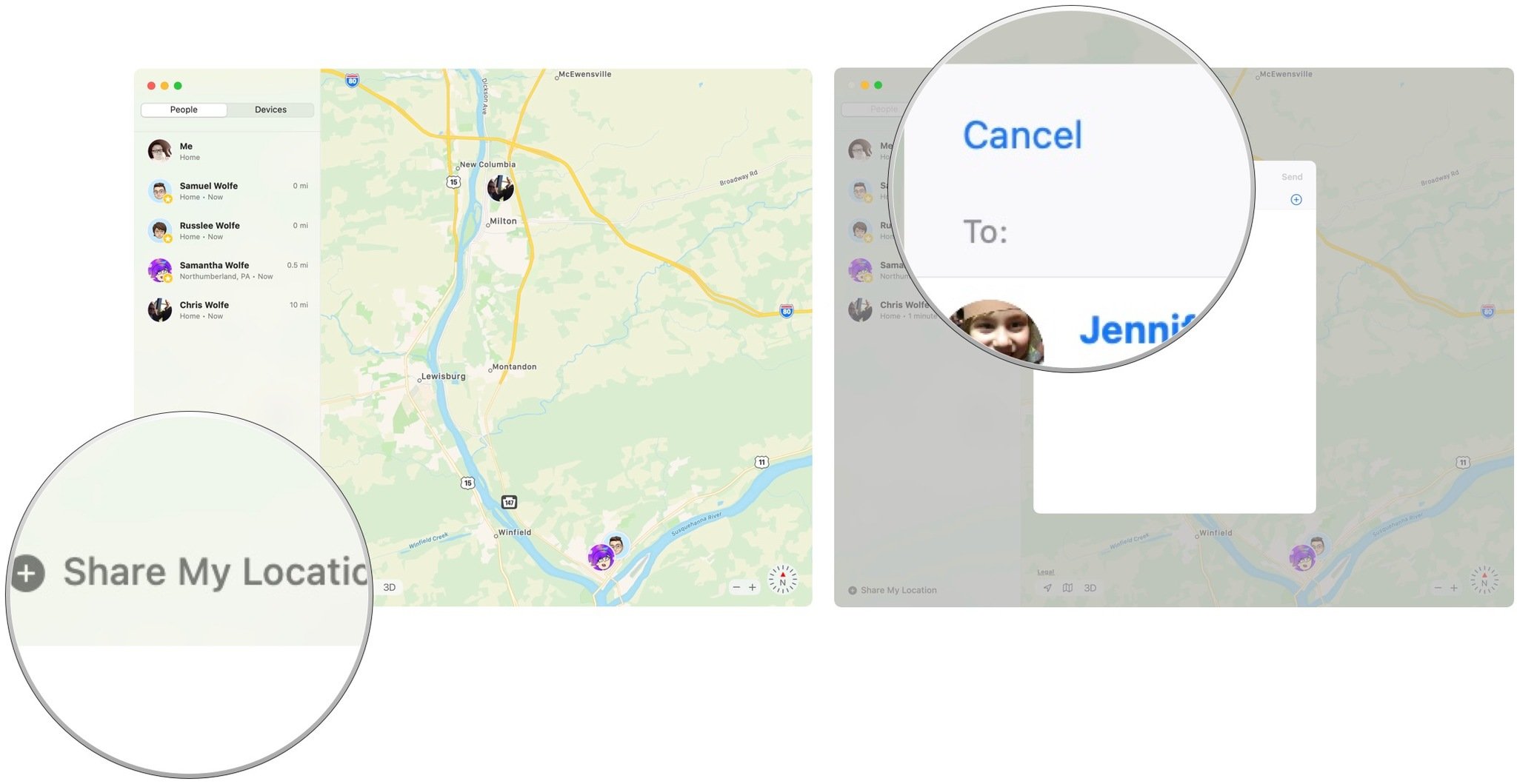 To track your friends with Find My on Mac, click Share My Location send your current location to someone. Type in the name of the person in the box. Select Send.