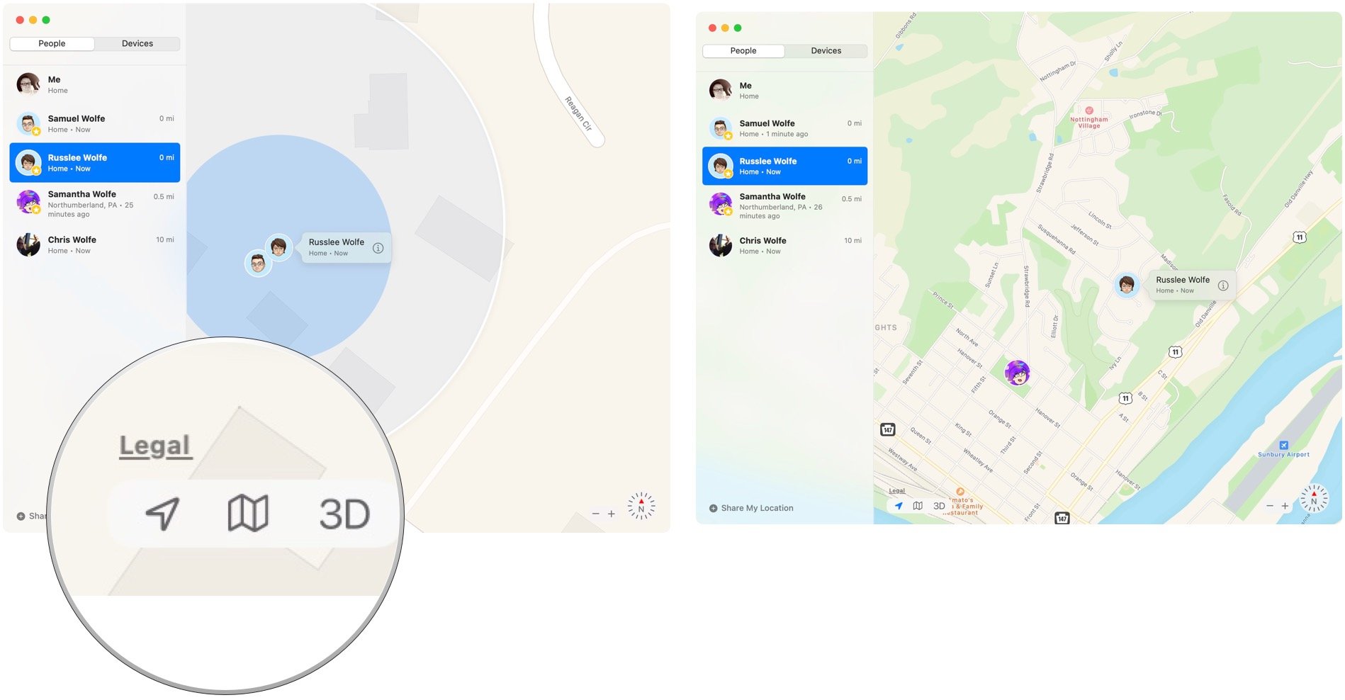 To track your friends with Find My on Mac, select the location icon to find your current location on the map. 