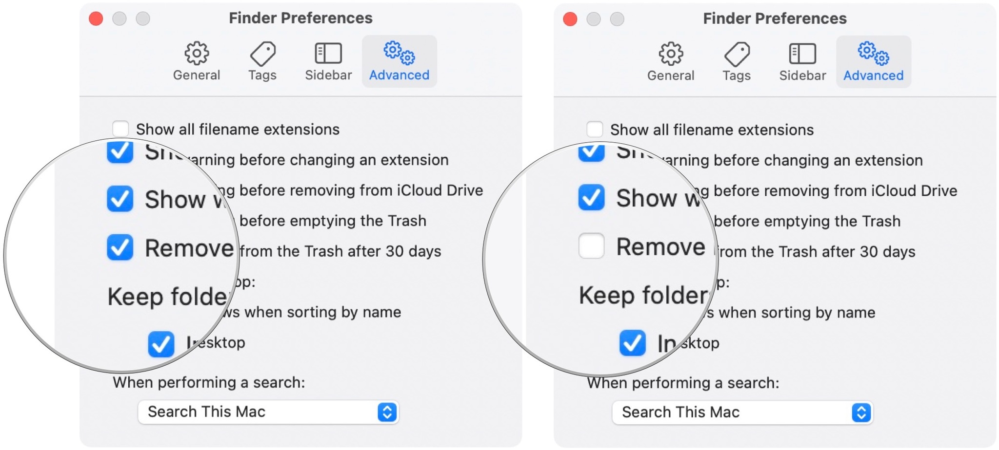 To disable Empty Trash Automatically on your Mac, uncheck the box next to Remove items from the Trash after 30 days.