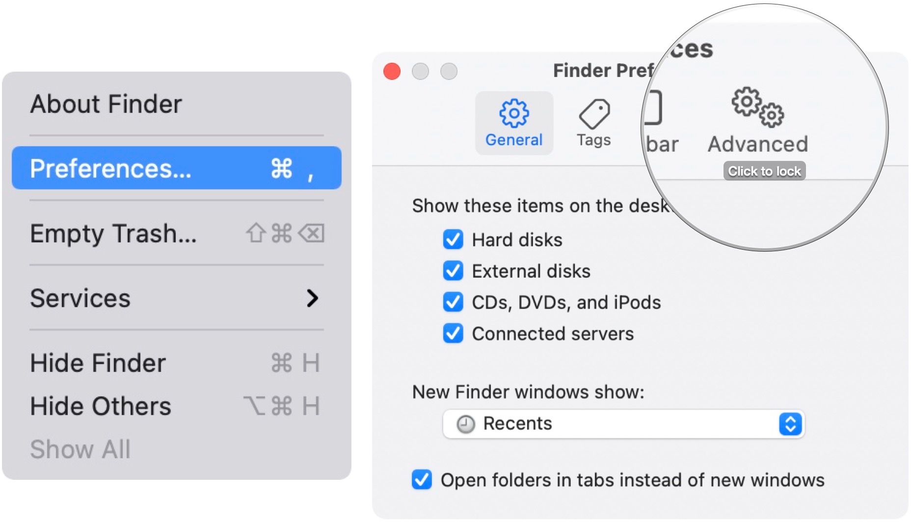 To disable Empty Trash Automatically on your Mac, open a Finder window. Then click Finder in the upper left corner of your Mac's screen. Click Preferences. Click Advanced.
