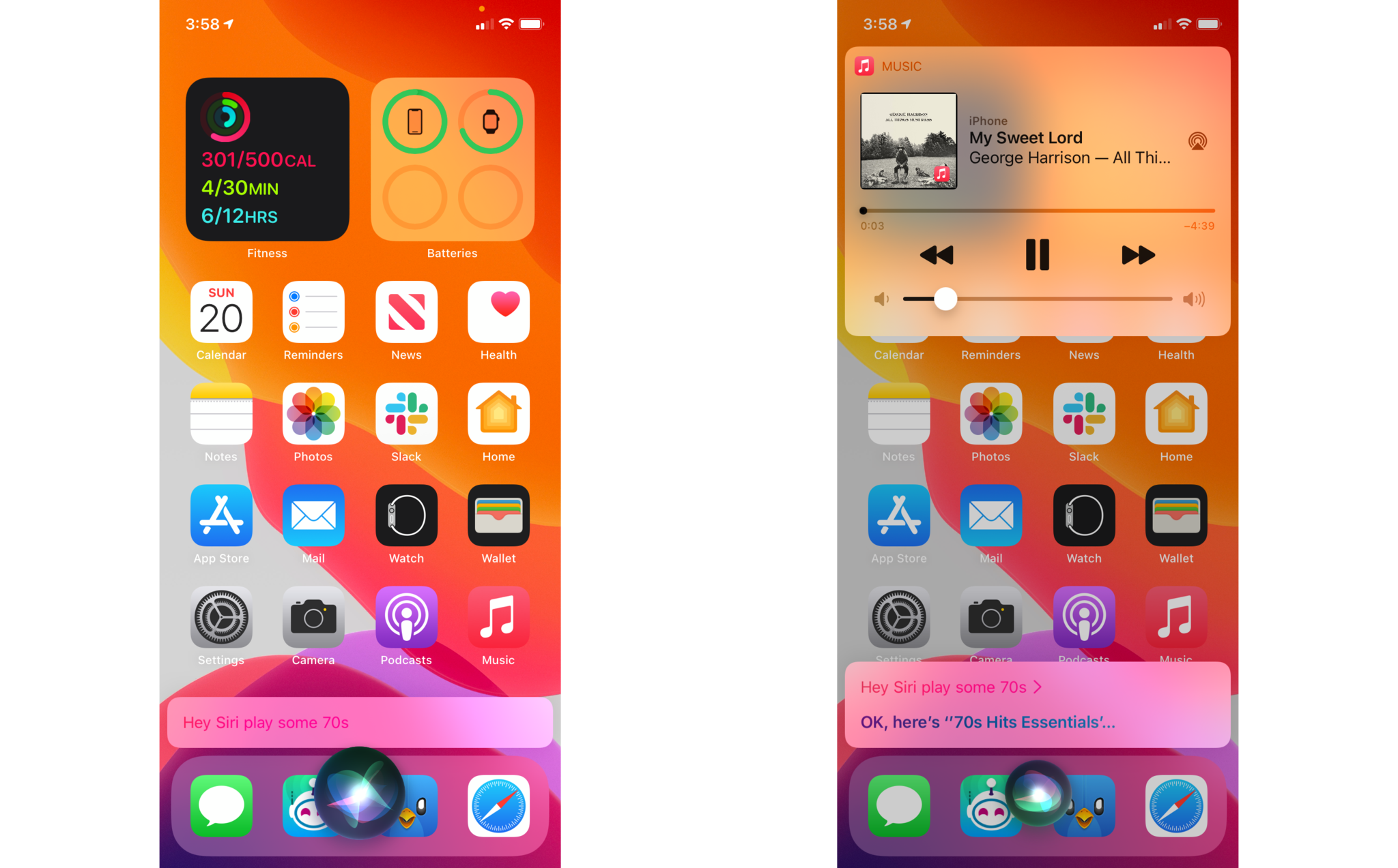 How to use Siri to find and listen to music on HomePod and HomePod mini by showing steps on an iPhone: Give a command like "Hey Siri, play some 70s"