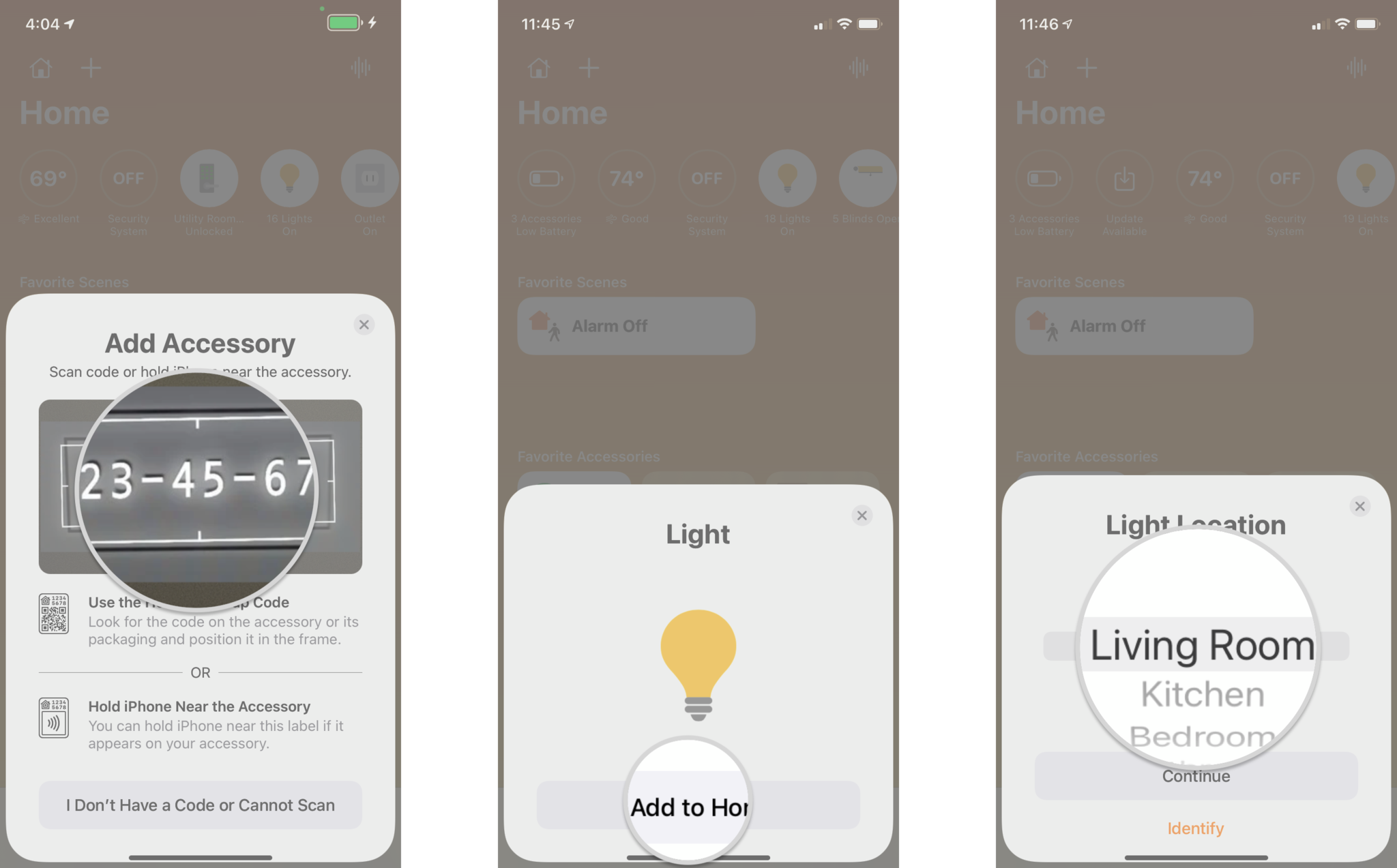 How to add a HomeKit accessory in the Home app on the iPhone by showing steps: Scan the HomeKit pairing code with your camera, Tap Add to Home, Select a Room