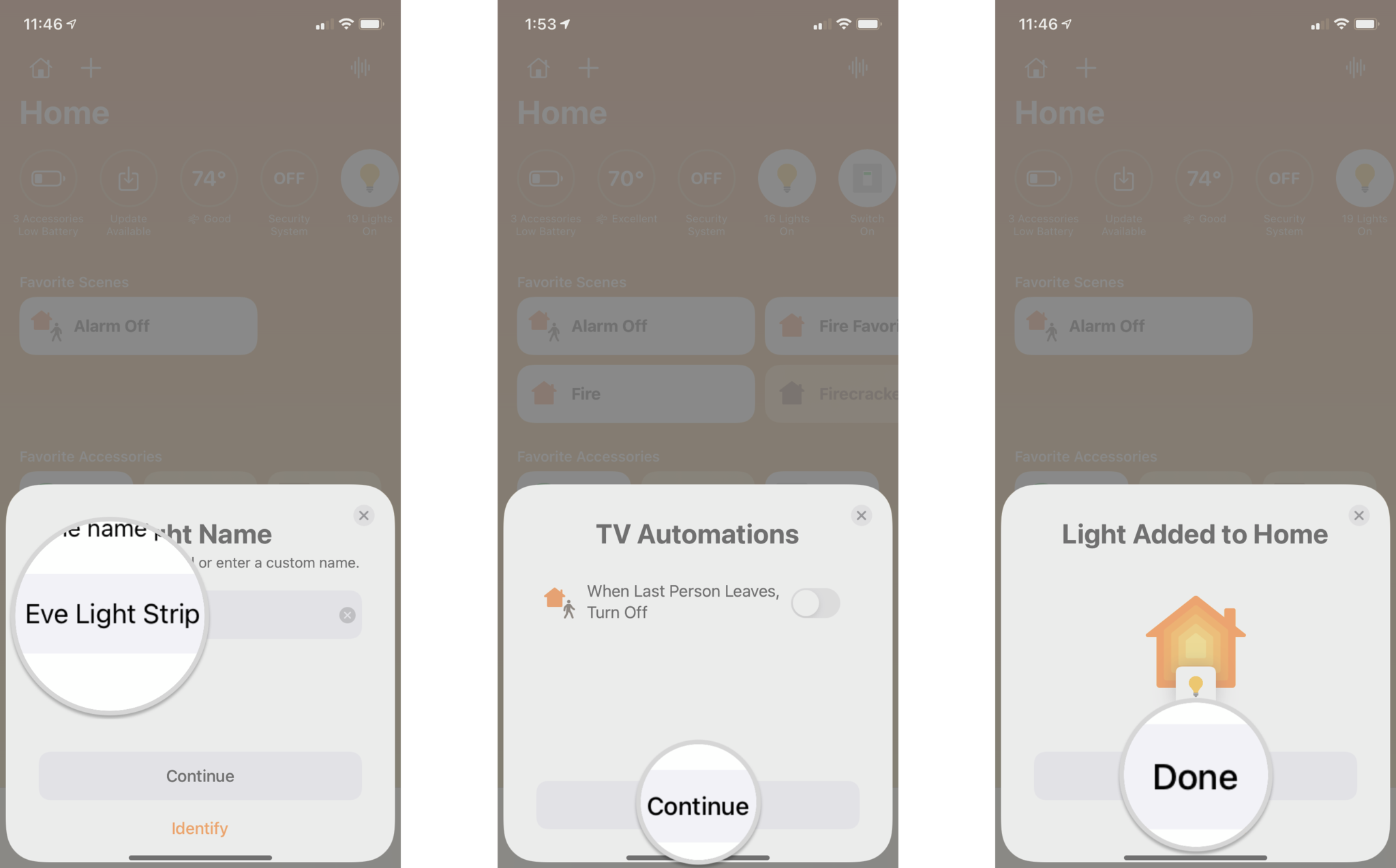 How to add a HomeKit accessory in the Home app on the iPhone by showing steps: Type in a name for the accessory or tap Continue, Turn on any automation options desired then tap Continue, Tap Done
