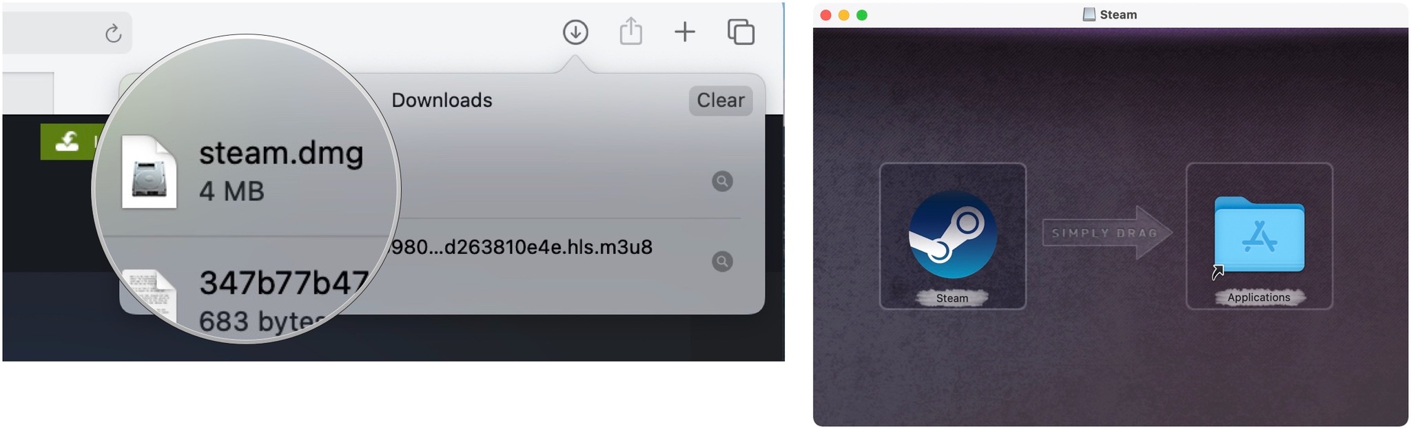Pour installer Steam sur Mac, cliquez sur le bouton Afficher les téléchargements.  Double-cliquez sur steam.dmg pour lancer le programme d'installation.  Faites glisser Steam dans le dossier Applications.  Sortez de la fenêtre.