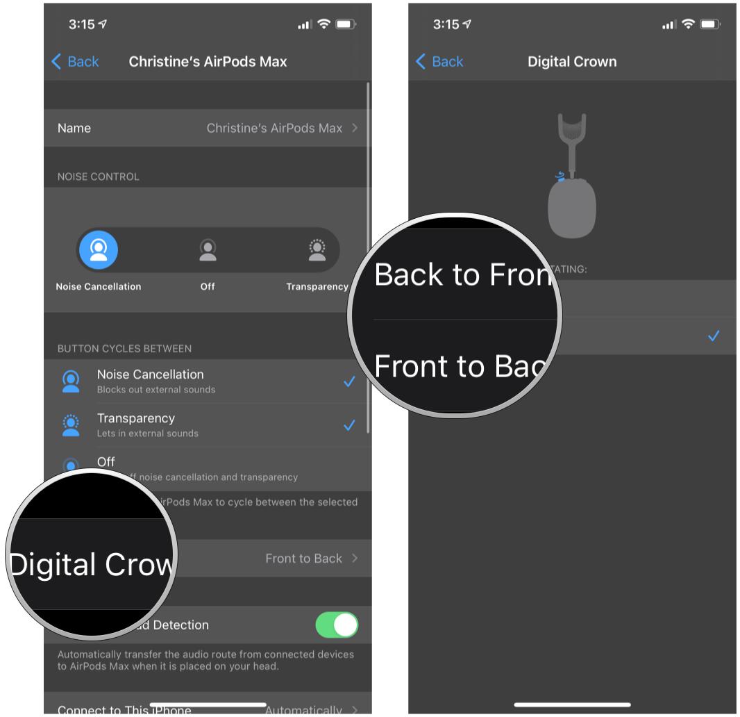 Change Digital Crown settings on AirPods Max by showing steps: Tap Digital Crown, tap either Back to Front or Front to Back