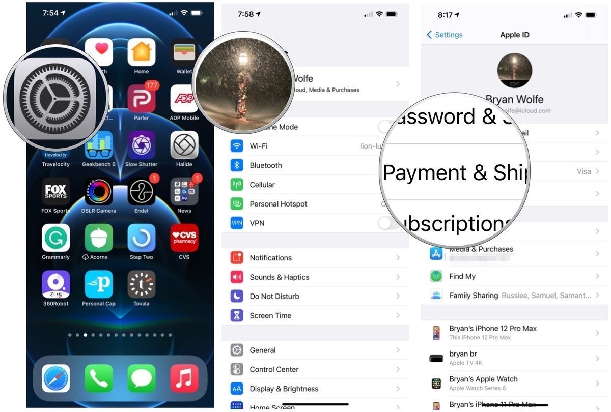 Чтобы просмотреть платежную информацию iCloud на iPhone и iPad, запустите приложение «Настройки», затем коснитесь баннера Apple ID.  Выберите 