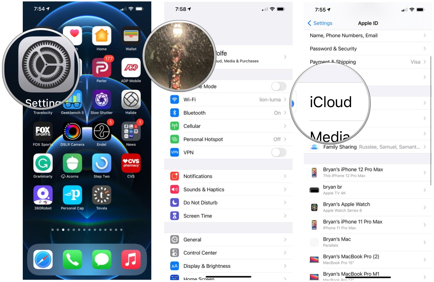 Pour gérer les autorisations de synchronisation iCloud sur iPhone et iPad, lancez l'application Paramètres depuis votre écran d'accueil.  Appuyez sur la bannière Apple ID, puis choisissez iCloud.