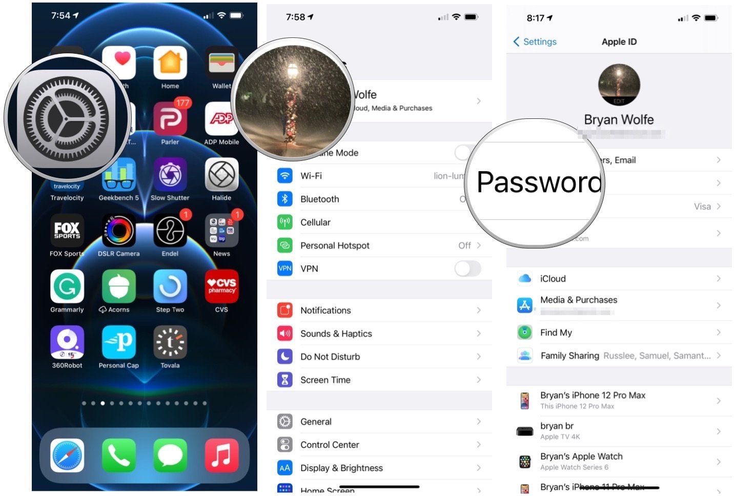 To view your password and security information on iPhone and iPad, launch the Settings app, then tap your Apple ID banner, choose Password.