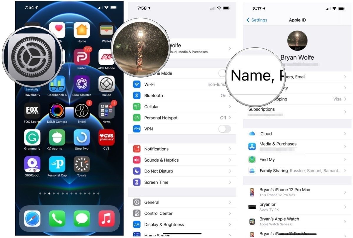 Pour afficher les informations de votre compte iCloud sur iPhone et iPad, lancez l'application Paramètres.  Appuyez sur la bannière Apple ID, sélectionnez Nom, Numéros de téléphone et E-mail.