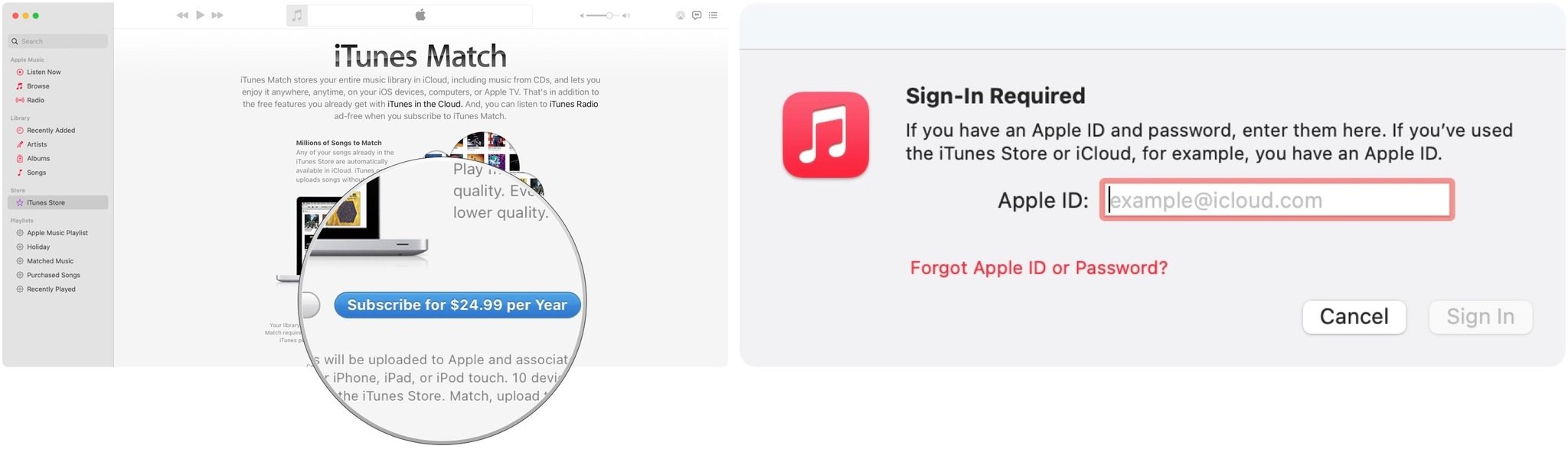 To enable iCloud Music Library on your computer with iTunes Match, select Subscribe for $24.99 per year, then enter your Apple ID and password. Choose Use iCloud Music Library, then click Add this Computer.