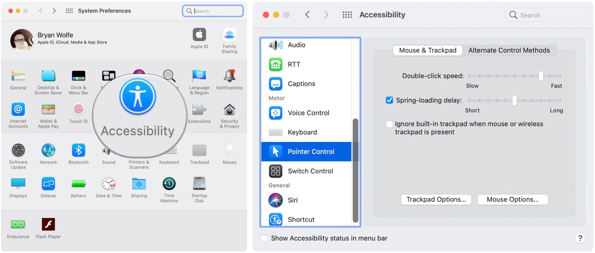 To speed up or slow down double-clicking on a Mac trackpad, click Accessibility, scroll down and click on Pointer Controls.