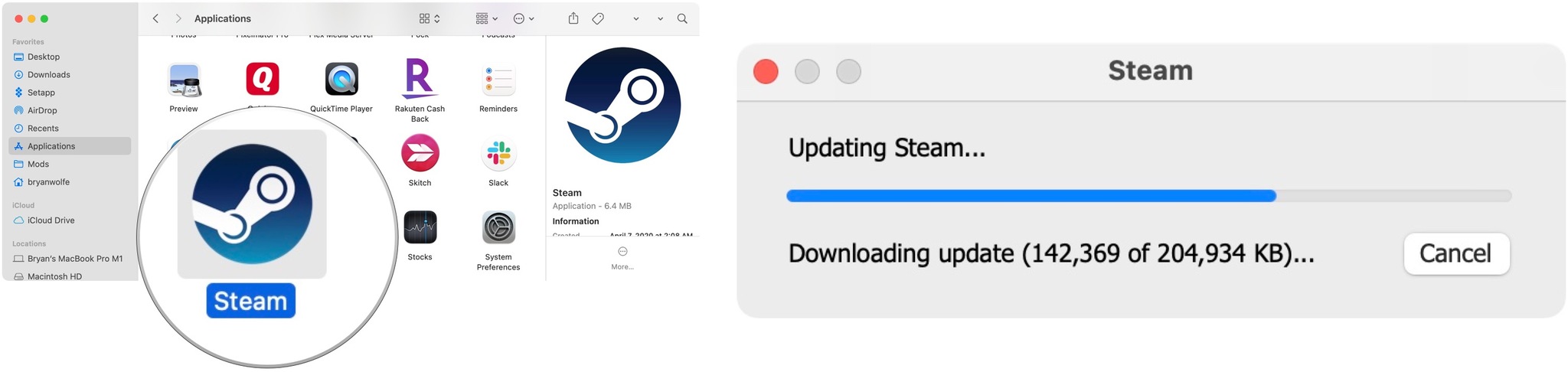 Pour télécharger un jeu Steam sur votre Mac, lancez Steam à partir du dossier Applications, puis choisissez Ouvrir, le cas échéant.  Ensuite, attendez que Steam se mette à jour.