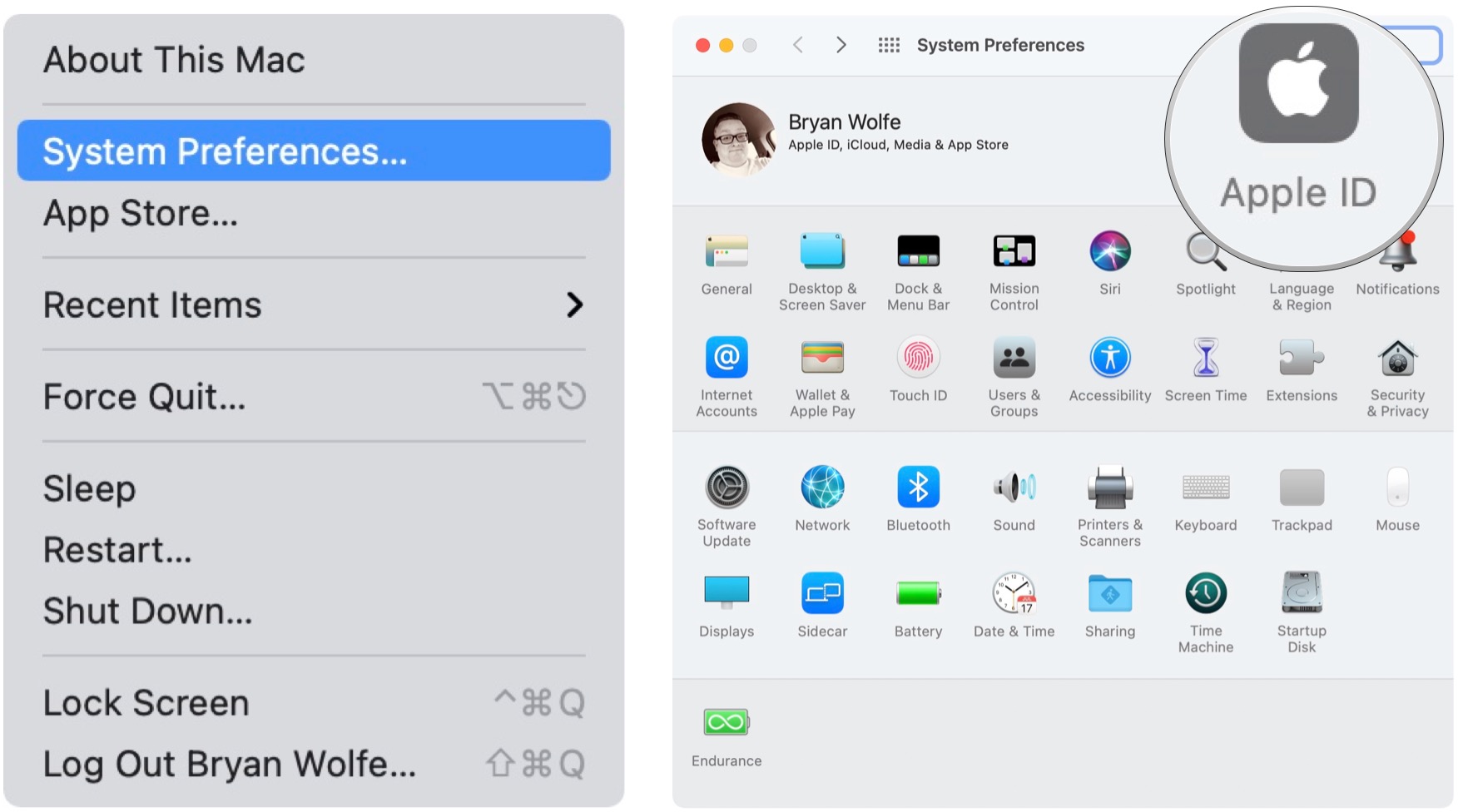 Чтобы отключить оптимизацию хранилища на вашем Mac, щелкните значок Apple, затем выберите «Системные настройки».  Выберите Apple ID.