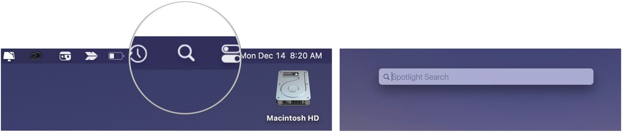 Чтобы получить доступ к Spotlight на вашем Mac, нажмите кнопку Spotlight в строке меню.  Введите свой поисковый запрос.