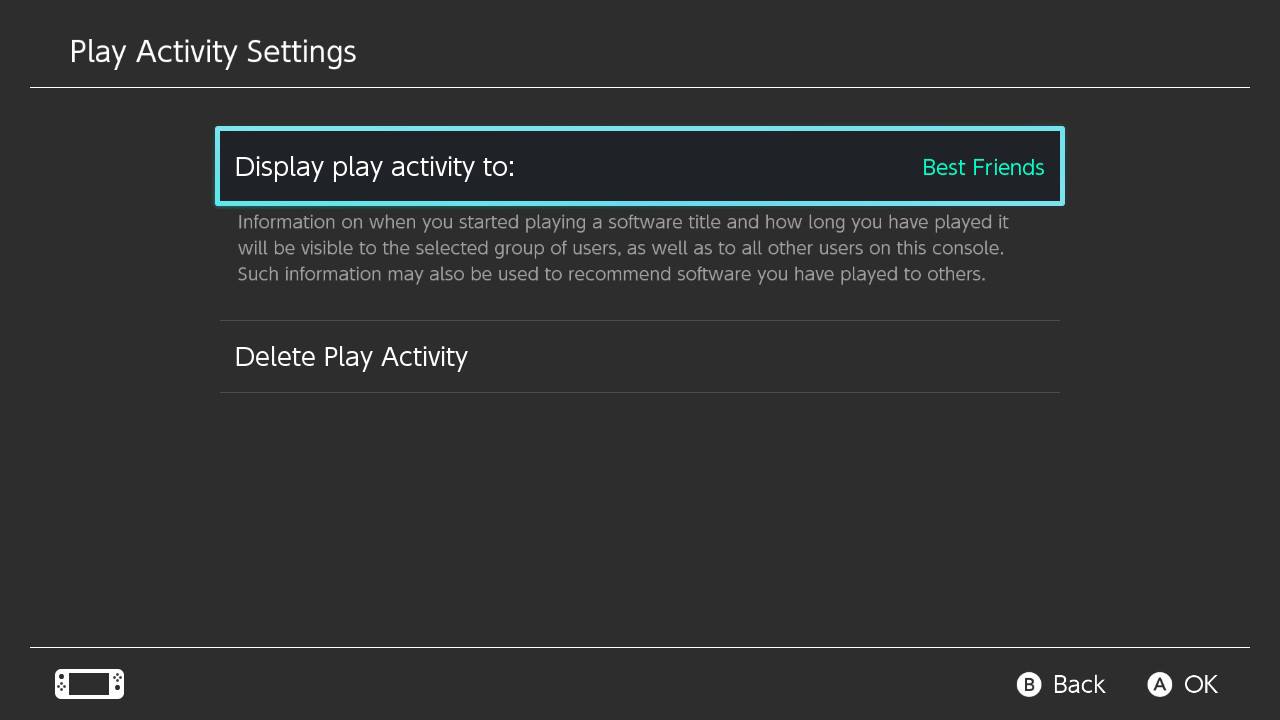 Affichage des paramètres de la Nintendo Switch Activité de lecture