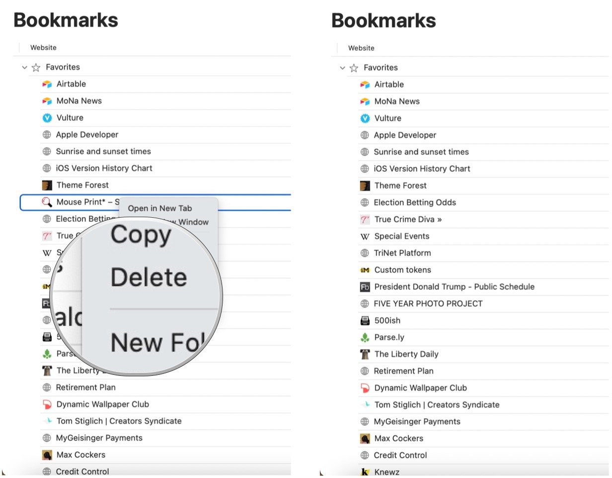 To remove bookmarks, right-click the bookmark to delete. Choose Delete.
