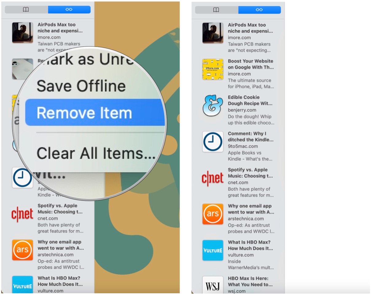 To remove items for your reading list, launch Safari, click the Show Sidebar, Click reading list tab. Right-click item you want to delete, choose Remove Iten.