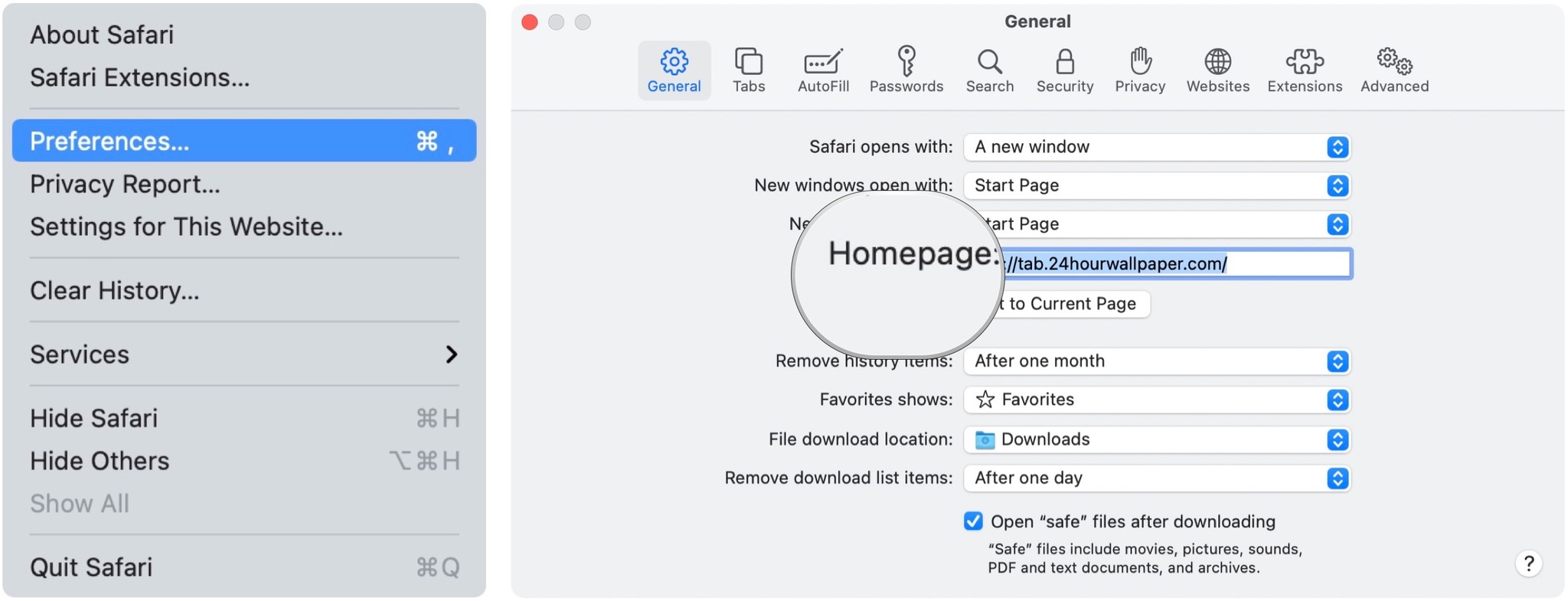 To set the homepage, launch Safari, then click Safari from the menu bar. Click Preferences and make sure you're on the General tab. Enter a website next to the Homepage. You can also click Set to Current Page.