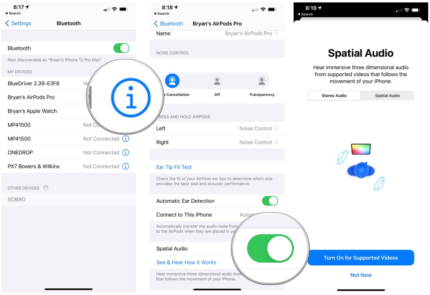 To listen to spatial audio on your AirPods Pro or AirPods Max, tap on the Settings app, select Bluetooth. Choose the info button next to your device. Toggle on Spatial Audio.