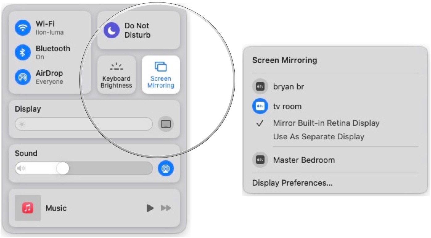 To switch AirPlay Mirroring modes on your Mac, first AirPlay your device. Next, click on the Control Center icon on the right side of your Mac's menubar. Under your active Apple TV, choose your preferred option.