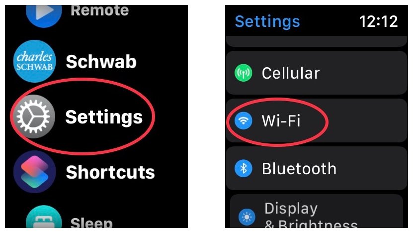 Using a private Wi-Fi address on Apple Watch, showing how to open Settings, then tap Wi-Fi.