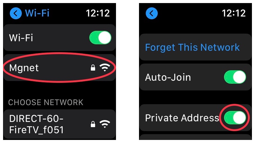 using a private Wi-Fi address on Apple Watch, tap network, and turning on private address.