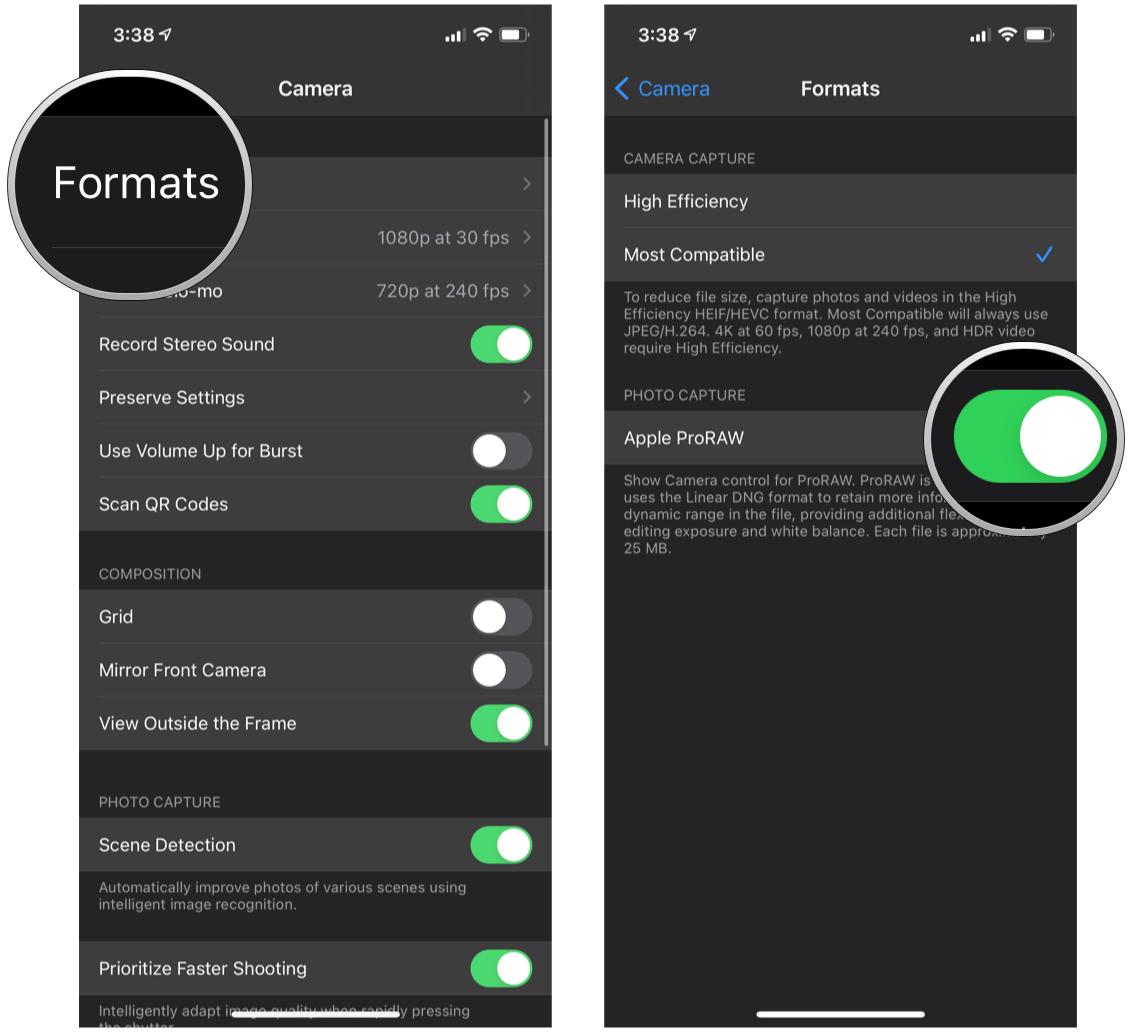Cómo habilitar ProRAW en iPhone 12 Pro o Pro Max mostrando los pasos: Toque Formatos, toque el interruptor para ProRAW en ON