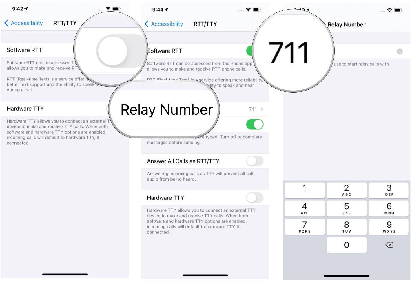 To set up RTT on iPhone, toggle on Software RTT, tap the Relay Number and enter the phone number for TTY relay calls. Choose the back button.