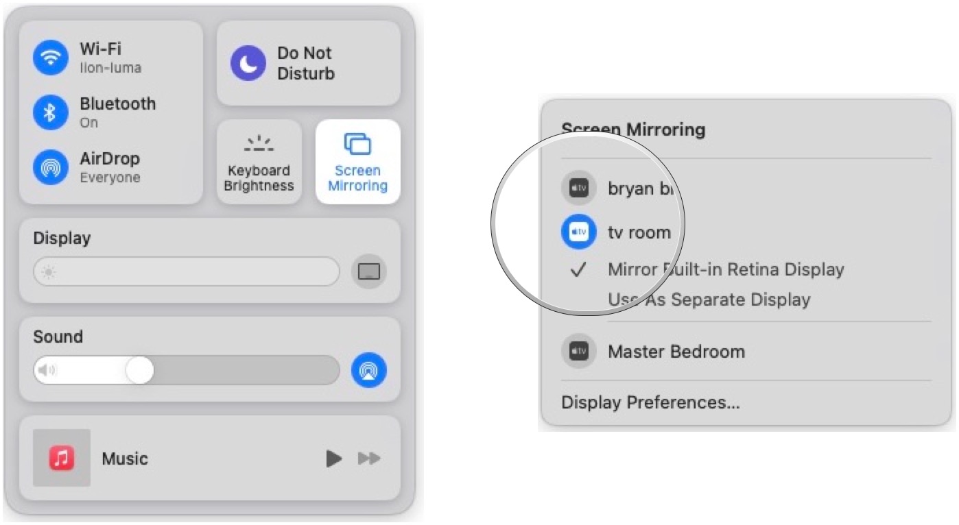 Чтобы остановить AirPlay Mirroring с Mac, щелкните значок Центра управления в правой части строки меню Mac.  Щелкните активный Apple TV, чтобы завершить зеркалирование.