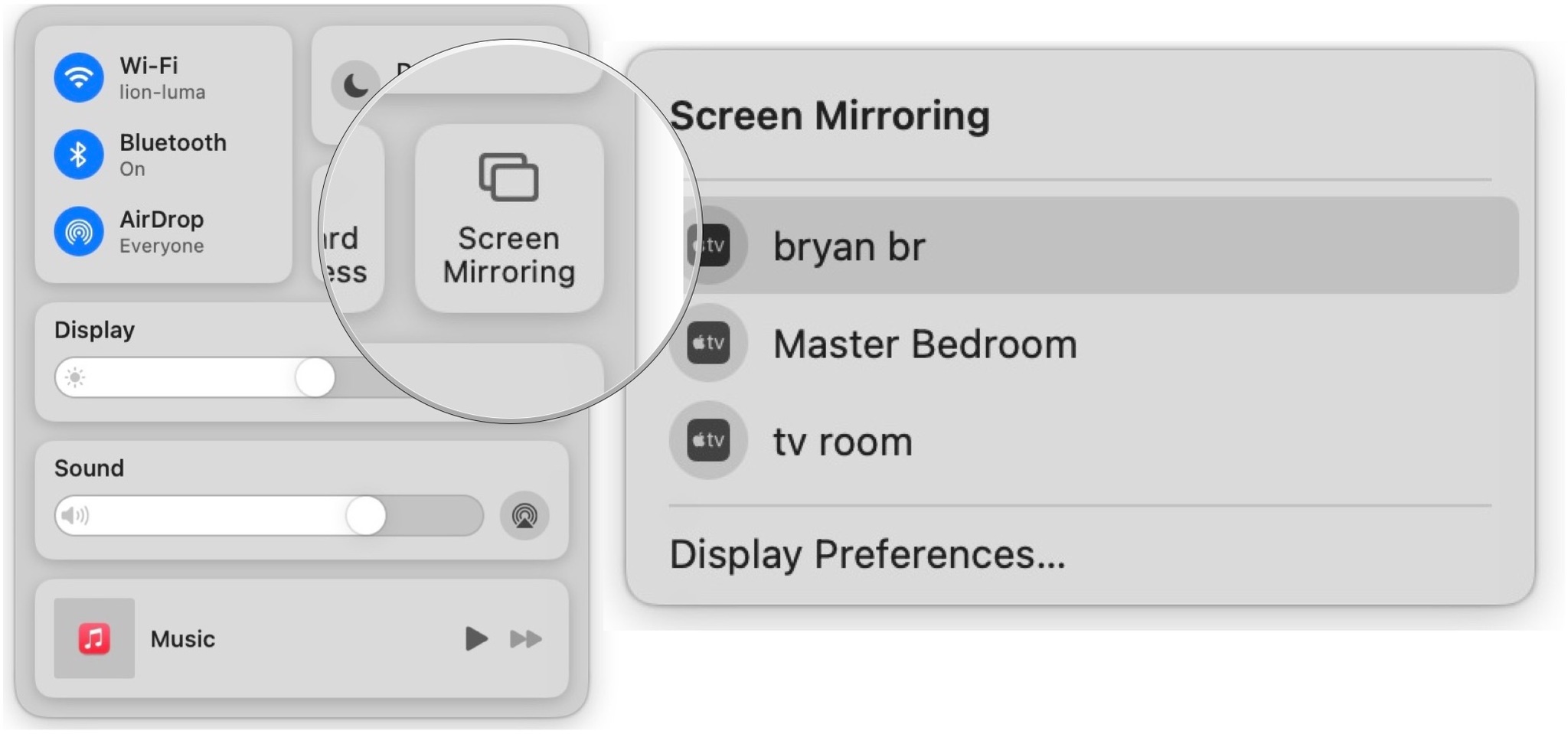 To AirPlay Mirror from your Mac, click on the Control Center icon at the right side of your Mac's menubar. Next, choose Screen Mirroring, then select your Apple TV.