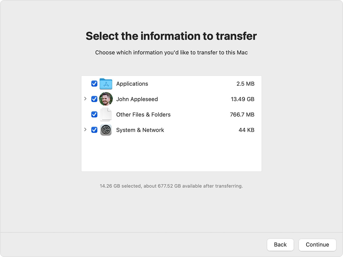 On your new Mac, select the information to transfer, then click Continue.